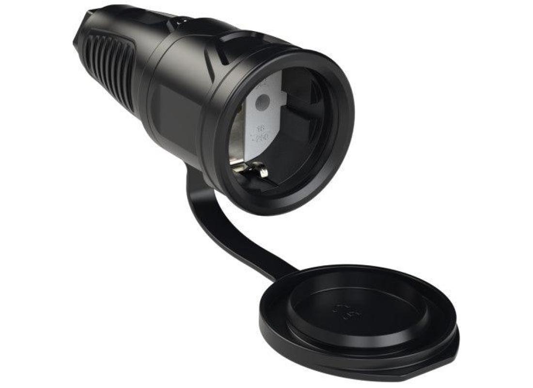 PCE Taurus-Vollgummi-Schuko-Kupplung IP54, Schwarz, Deckel am Band
